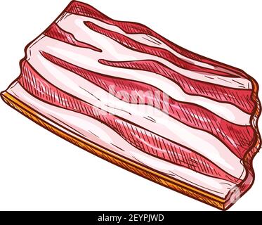 Slice of fresh bacon, pork smoked neck, fat meat piece vector isolated sketch icon Stock Vector