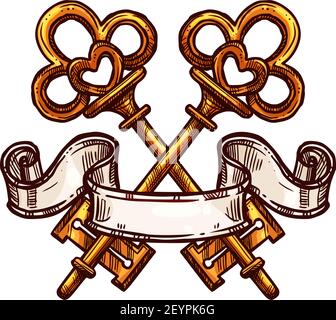 Vintage golden key with paper scroll isolated sketch. Vector heraldic key wrapped by ribbon Stock Vector