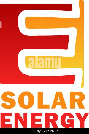 Solar energy symbol for sun power technology business identity card design. Red and yellow letter E symbol for eco power company branding, ecology and Stock Vector