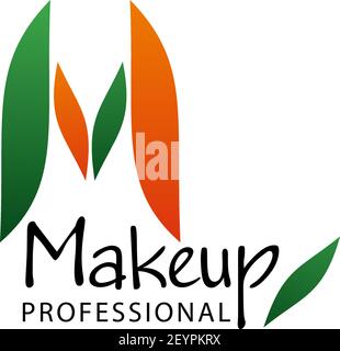 Makeup beauty salon icon of M letter for women cosmetics and make-up store. Vector letter M in orange and green colors for woman makeup professional c Stock Vector