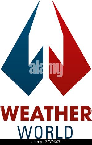 Weather world W letter icon for weather forecast service or smartphone application app symbol. Vector isolated letter W in red and blue poles with arr Stock Vector