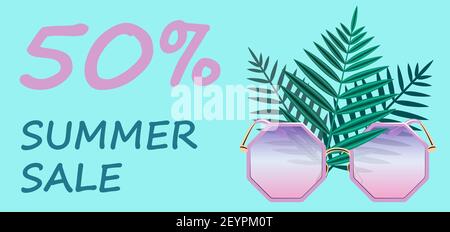 Summer Sale banner - a bright leaflet with fashionable pink glasses and palm leaves on a blue background witn text. Stock vector illustration is suita Stock Vector