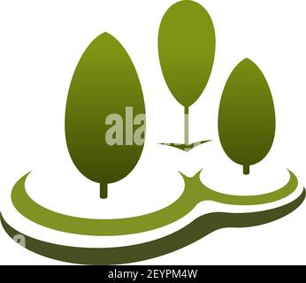 Vector icon with three green trees. Abstract emblem for organic organization or environment saving company. Symbol of forest and nature. Green color b Stock Vector