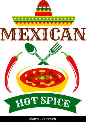 Vector label for mexican cuisine restaurant or cafe. Hot and spice mexican soup, traditional cuisine concept. Spicy chilli, fork and spoon, traditiona Stock Vector