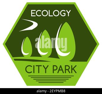 Ecology city park with trees in green color. Concept of saving environment and eco life. Ecological badge for city design park or garden. Natural urba Stock Vector