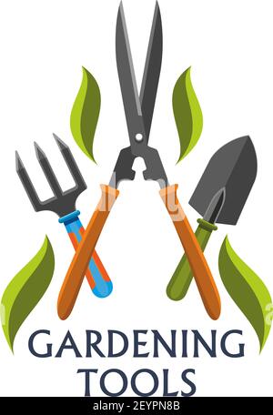 Vector icon with gardening tools. Gardening work tools gardening scissors, shovel and rake or forks. Badge with agricultural tools and green leaves is Stock Vector