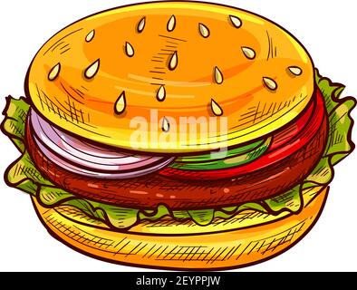 Hamburger isolated fastfood snack. Vector bun with tomato, lettuce and chop, cheese and sesame Stock Vector