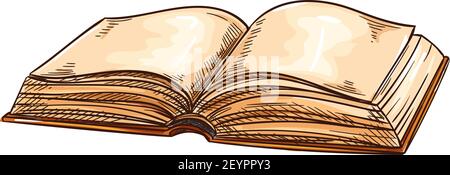 Grunge open book with blank dirty pages isolated sketch. Vector old book in hard cover, empty page in encyclopedia or bible. Hand drawn dairy, aged te Stock Vector