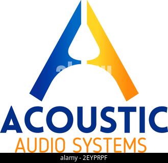 Acoustic audio system emblem for corporate identity template. Music and sound technology company branded font of blue and yellow alphabet letter A for Stock Vector