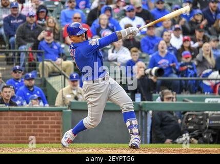 Mar 31, 2019: Chicago Cubs shortstop Javier Baez #9 jersey with the Chicago  Cubs logo at first base during an MLB game between the Chicago Cubs and the  Texas Rangers at Globe