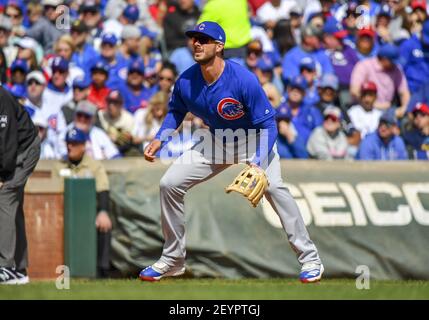 Mar 31, 2019: Chicago Cubs shortstop Javier Baez #9 jersey with the Chicago  Cubs logo at first base during an MLB game between the Chicago Cubs and the  Texas Rangers at Globe