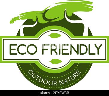 Icon for eco-friendly company. Outdoor nature safe concept. Vector badge in green colors isolated on white background. Ecological emblem for saving en Stock Vector