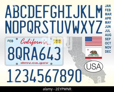 California car license plate, letters, numbers and symbols, United States Stock Vector