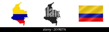 Colombia. Map with masked flag. Detailed silhouette. Waving flag. illustration isolated on white. Stock Photo
