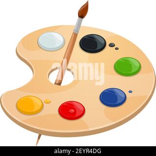 Watercolor palette with paint brush. Vector isolated artist tool or school painting lesson tool Stock Vector