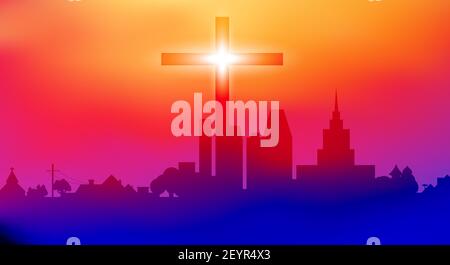 Christian cross and big city. Christian postcard, greeting card. Empty space for your text. Flat illustration. Stock Photo