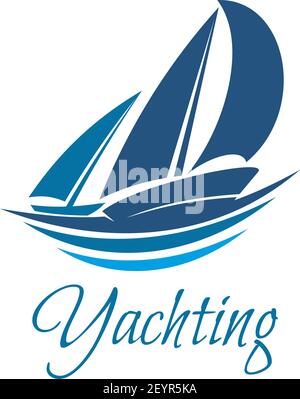 Yachting sport or club icon of yacht on waves. Vector blue yacht sails or sailboat on sea wave badge symbol for marine travel adventure or yachting ch Stock Vector