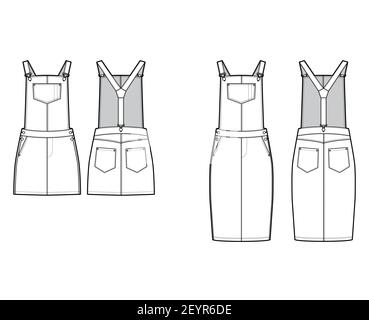Set of Dungarees Denim overall jumpsuit dress technical fashion illustration with knee mini length, normal waist, pockets, Rivets. Flat front back, white color style. Women, men unisex CAD mockup Stock Vector