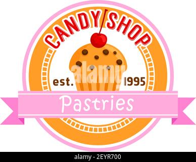 Candy shop vector icon. Pastries and cakes vector label for backery shop or desserts. Sweet label, concept of candy bar and fresh delicious snack. Vec Stock Vector