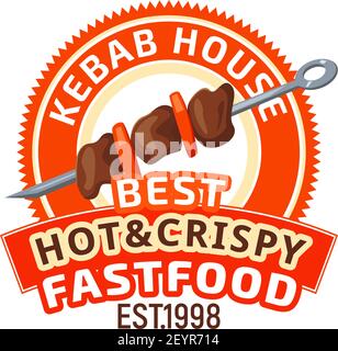 Vector sign for kebab house. Hot and crispy fast food dishes design. Creative badge for fast food cafe with oriental meat menu. Concept of fast food a Stock Vector