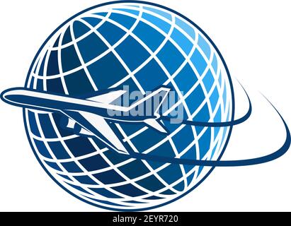 Blue and white color vector design with airplane and planet Earth. Abstract design airplane fly around the planet. Vector emblem for travel agency or Stock Vector