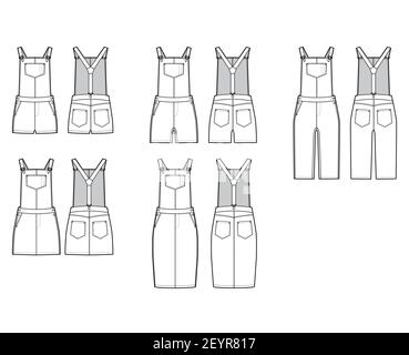 Set of Dungarees Denim overall jumpsuit dress technical fashion illustration with knee mini length, normal waist, high rise, pockets. Flat front back, white color style. Women, men unisex CAD mockup Stock Vector