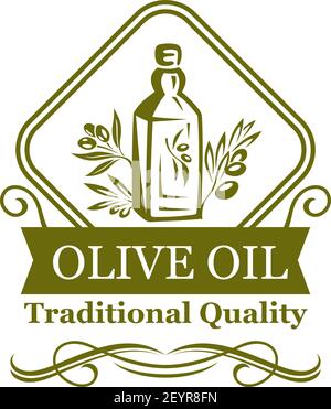 Olive oil green icon of natural organic oil bottle label. Oil jug with olive tree branch, green leaf and fruit isolated badge, decorated by ribbon ban Stock Vector