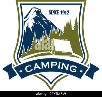 Summer camping vector sign. Concept of recreation outdoor, nature and forest. Tourism in mountains camping emblem. Outdoor activity symbol with mounta Stock Vector