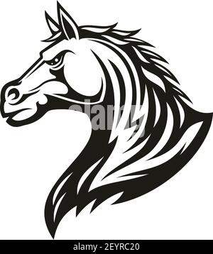 Black horse head profile view isolated mane. Vector purebred stallion side view Stock Vector