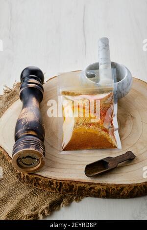 Mixture of different spices in plastic packaging Stock Photo