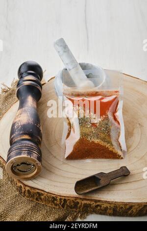 Mixture of different spices in plastic packaging Stock Photo