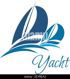 Yacht on waves icon for yachting club or yacht sport team badge. Vector blue yacht sails or sailboat on sea wave for marine travel adventure or yachti Stock Vector