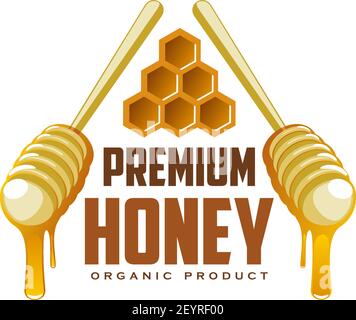 Honey natural organic product premium icon for beekeeping production industry. Vector honey honeycomb and dipping wooden spoons with honey drops splas Stock Vector