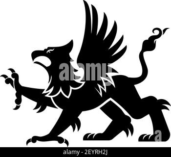 Griffin silhouette isolated. Vector gryphon legendary creature, body of lion, head and wings of eagle Stock Vector