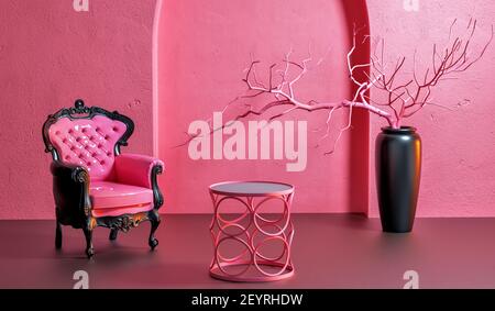 Interior room in plain monochrome light pink color  chair,  and decorative vases. Light background with copy space. 3D rendering for web page, present Stock Photo