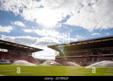 6th March 2021; Bet365 Stadium, Stoke, Staffordshire, England; English Football League Championship Football, Stoke City versus Wycombe Wanderers; The sprinklers are on at the Bet365 stadium Stock Photo