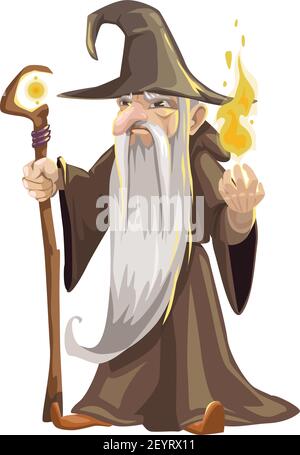 Wizard icon, Halloween character isolated vector. Elderly man with scepter and flame Stock Vector