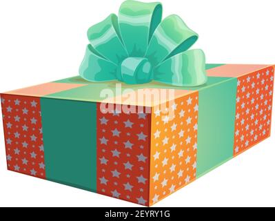 Surprise in wrapped dotted package, topped by blue satin bow vector isolated icon Stock Vector