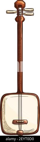 Japanese shamisen musical instrument isolated sketch. Vector three stringed guitar with bachi Stock Vector