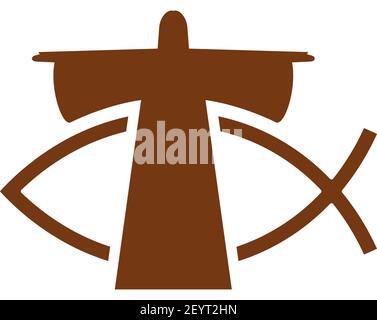 Preacher with stretched hands and christian fish isolated. Vector religion symbols, priest or pastor Stock Vector