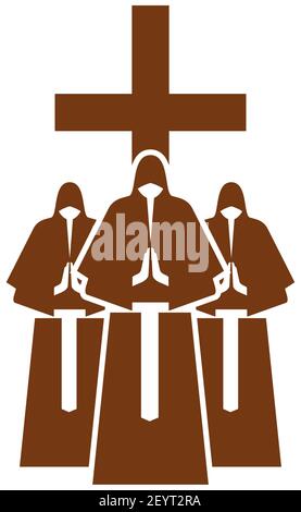 Catholic priests and crucifix isolated religion symbols. Vector male preachers in robe and cross Stock Vector