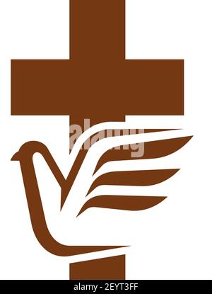 Holy cross and dove bird isolated religion symbols. Vector pigeon silhouette and crucifix Stock Vector