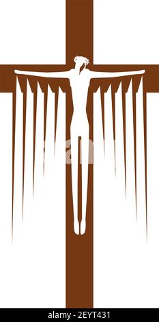 Jesus on cross isolated crucifix. Vector religion symbol, crucifixion Christ, christian or catholic god Stock Vector