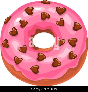 Doughnut with strawberry cream and chocolate hearts isolated cake. Vector donut with sugar glaze Stock Vector
