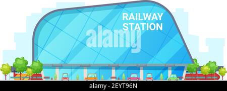 Railway station isolated city infrastructure building. Vector glass facade of depot terminal, trees and parking zone Stock Vector