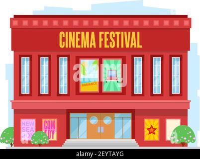 City building, cinema or movie theater. Vector facade, construction or public place, entertainment. Urban architecture with glass entrance, several st Stock Vector