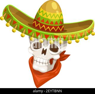 Mexican skull in sombrero hat and red neckerchief isolated. Vector Cinco de Mayo day of dead symbol Stock Vector