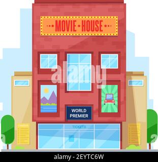 City building, cinema or movie theater. Vector facade, construction or public place, entertainment. Urban architecture with glass entrance, several st Stock Vector