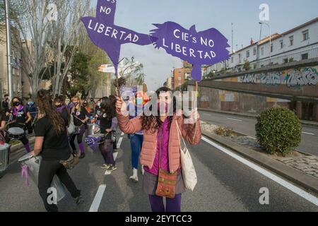 (3/5/2021) Feminist demonstration to end the racist and colonial order that society organizes. The CIEs, ethnic-racial profiling raids, and hot deportation flights are tools of the state to suppress the free movement of people and justify migration policies that keep migrants in an irregular situation.The CIEs (Foreigners Injustucy Centers for us) are prisons where the Spanish State locks up undocumented migrants. People who migrate because of the foreign policies of looting and pillaging that the states that today benefit from immigration have carried out for decades. Both the State and its c Stock Photo