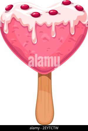 Heart-shaped strawberry ice cream on stick isolated dessert. Vector icecream with sugar topping and candies Stock Vector